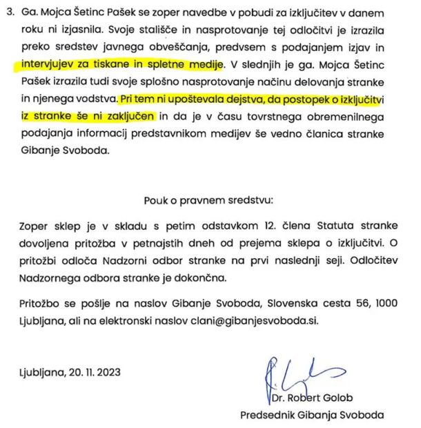 Dva izseka iz sklepa o izključitvi: graja, da je poslanka kritizirala stranko v intervjuju in komentirala dogajanje pred zaključenim postopkom