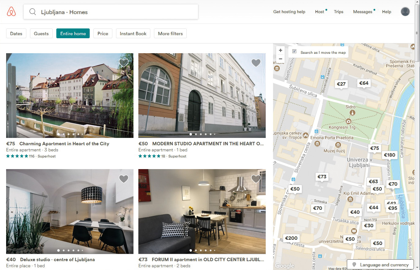 Primerjava ponudbe in cen na Airbnbju v strogem centru Ljubljane. Gre za zajem podatkov oktobra 2017 (levo) in oktobra leta 2024 (desno).
