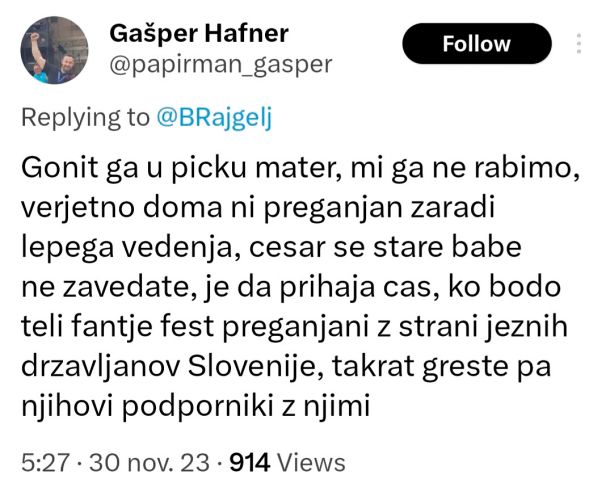 Žaljivo sporočilo Gašperja Hafnerja, lanskega kandidata SDS za župana Škofje Loke
