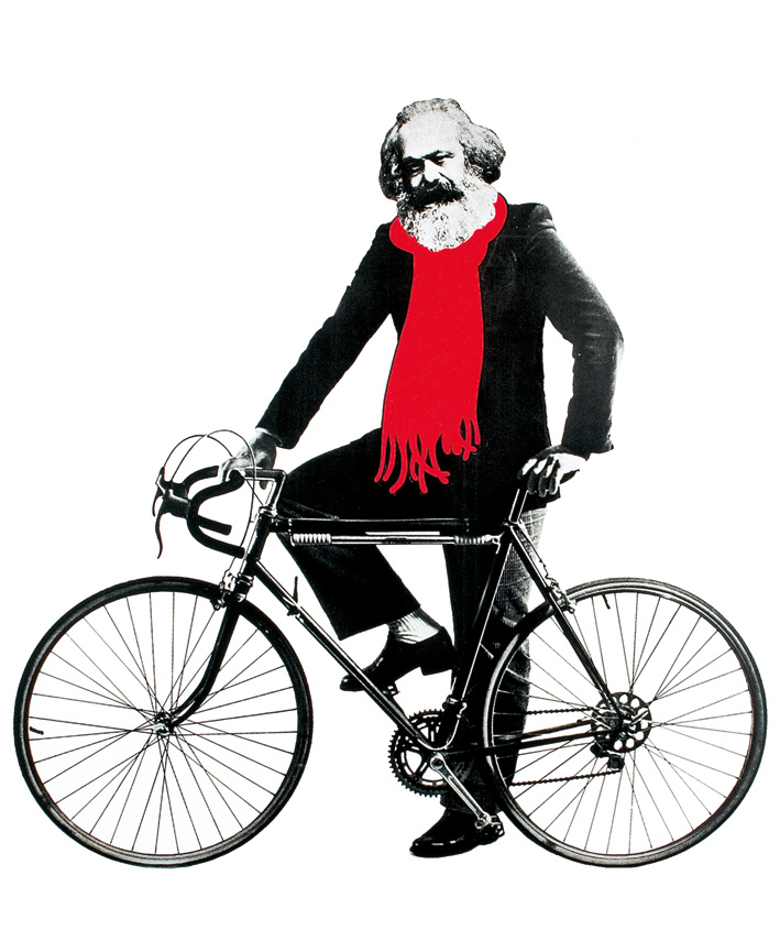 Marx na kolesu, 1983, ki je bil ustvarjen kot plakat za Slovensko mladinsko gledališče
