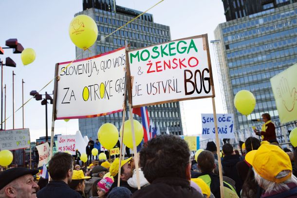 Samopravičarji nam kažejo idealno sliko: očka in mamica, za njima pa še dva para starih staršev. Vse drugo je slabo in ni vredno omembe. (fotografija je bila posneta na shodu koalicije Za otroke gre! leta 2015)/