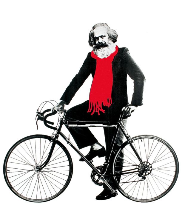 Marx na kolesu, 1983, ki je bil ustvarjen kot plakat za Slovensko mladinsko gledališče