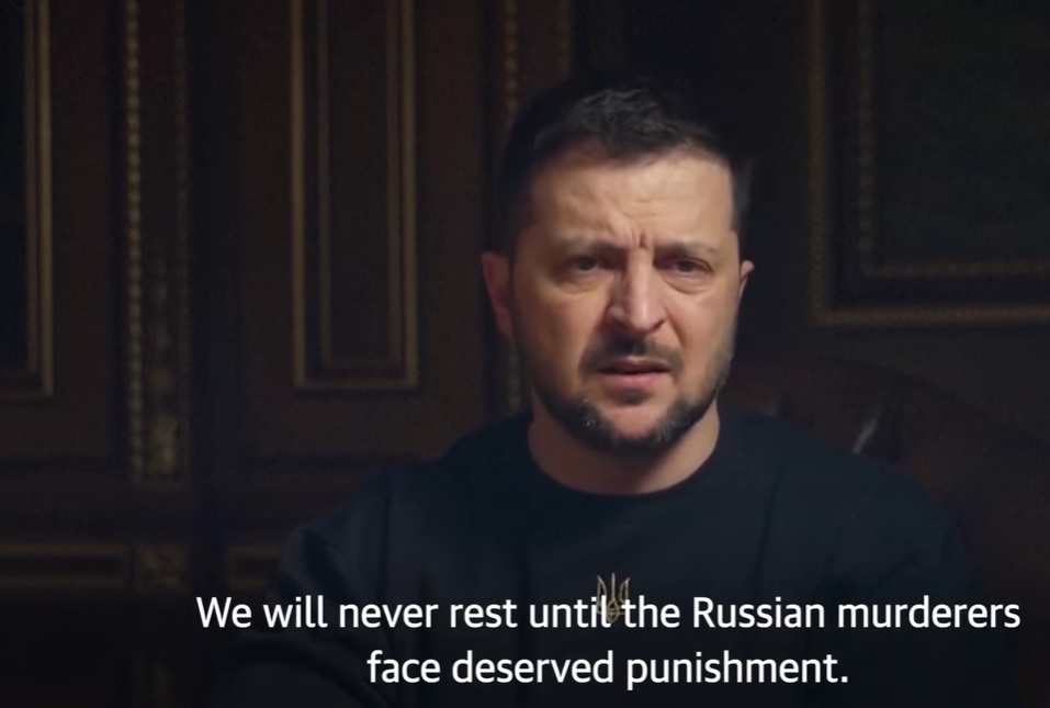 Ukrajinski predsednik Volodimir Zelenski med video nagovorom ob obletnici ruske invazije