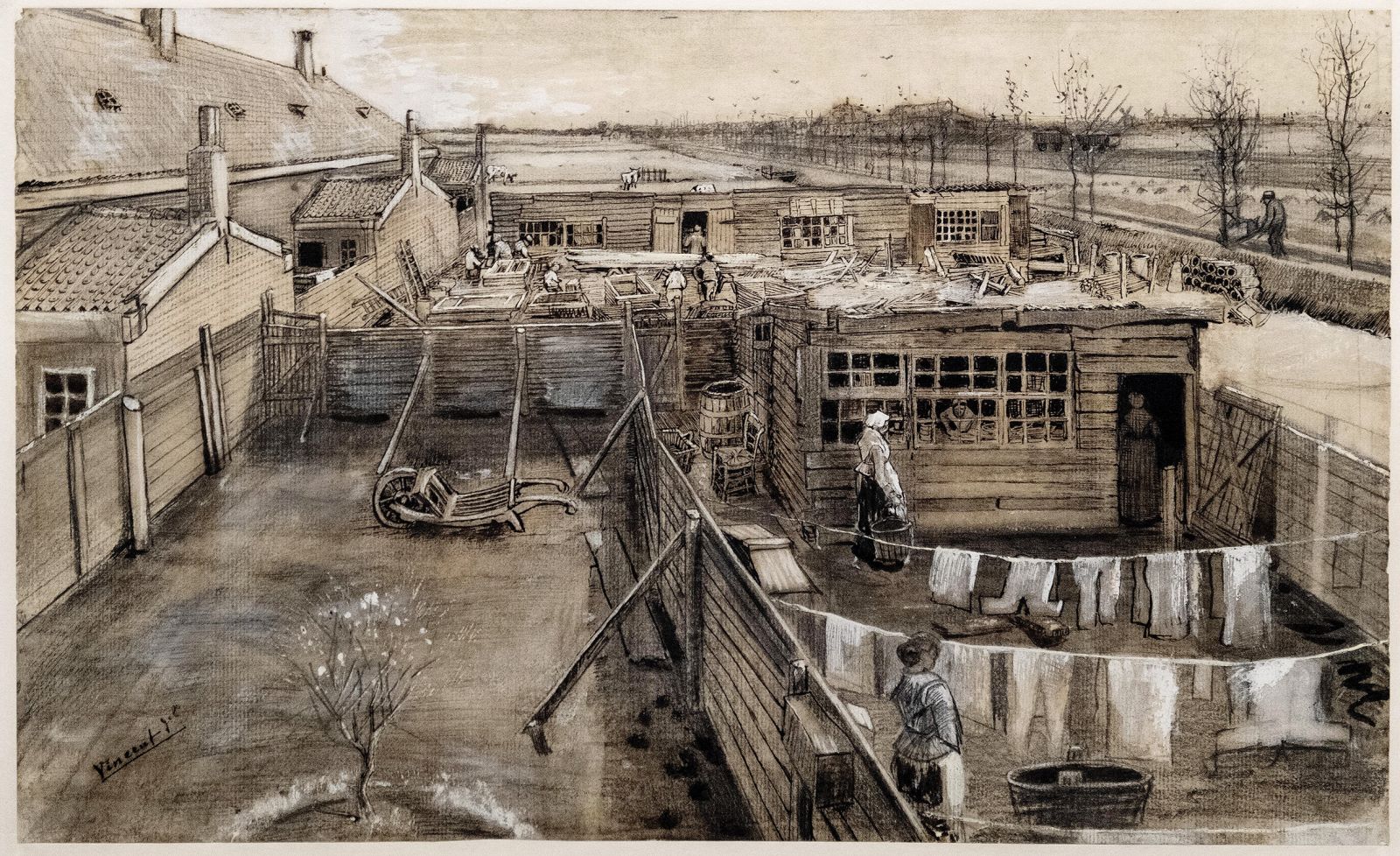 Risba Mizarsko dvorišče in pralnica iz leta 1882 je zgodnje van Goghovo delo, ki jasno pokaže njegovo zanimanje za upodabljanje delavcev, kmetov, preprostih ljudi in spregledanih plati življenja.