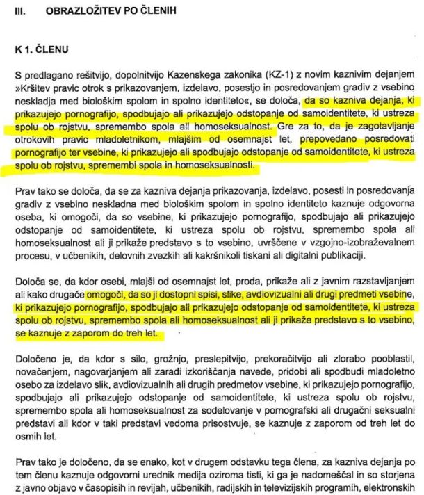 Obrazložitev utemeljitve spremembe omenjenega člena: kaznivo je prikazovanje homoseksualnosti in vsega drugega