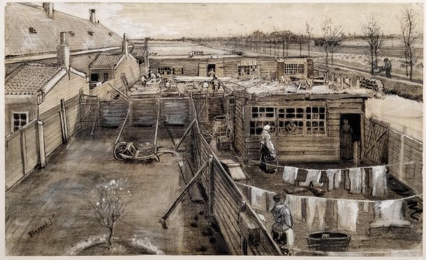 Risba Mizarsko dvorišče in pralnica iz leta 1882 je zgodnje van Goghovo delo, ki jasno pokaže njegovo zanimanje za upodabljanje delavcev, kmetov, preprostih ljudi in spregledanih plati življenja.