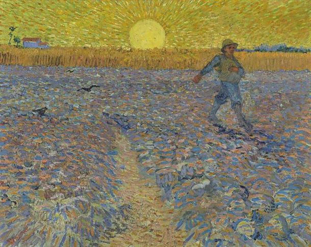 Van Gogh je naslikal številne verzije motiva sejalca. V najzgodnejših se je zgledoval po francoskem slikarju Milletu, v poznih delih pa je razvil lastno vizijo z izrazitimi barvnimi kontrasti in bogatimi teksturami. Slika Sejalec ob sončnem zatonu (olje na platnu, 1888), polna simbolnih pomenov, je bila navdih tudi Groharju pri njegovi obdelavi istega motiva.