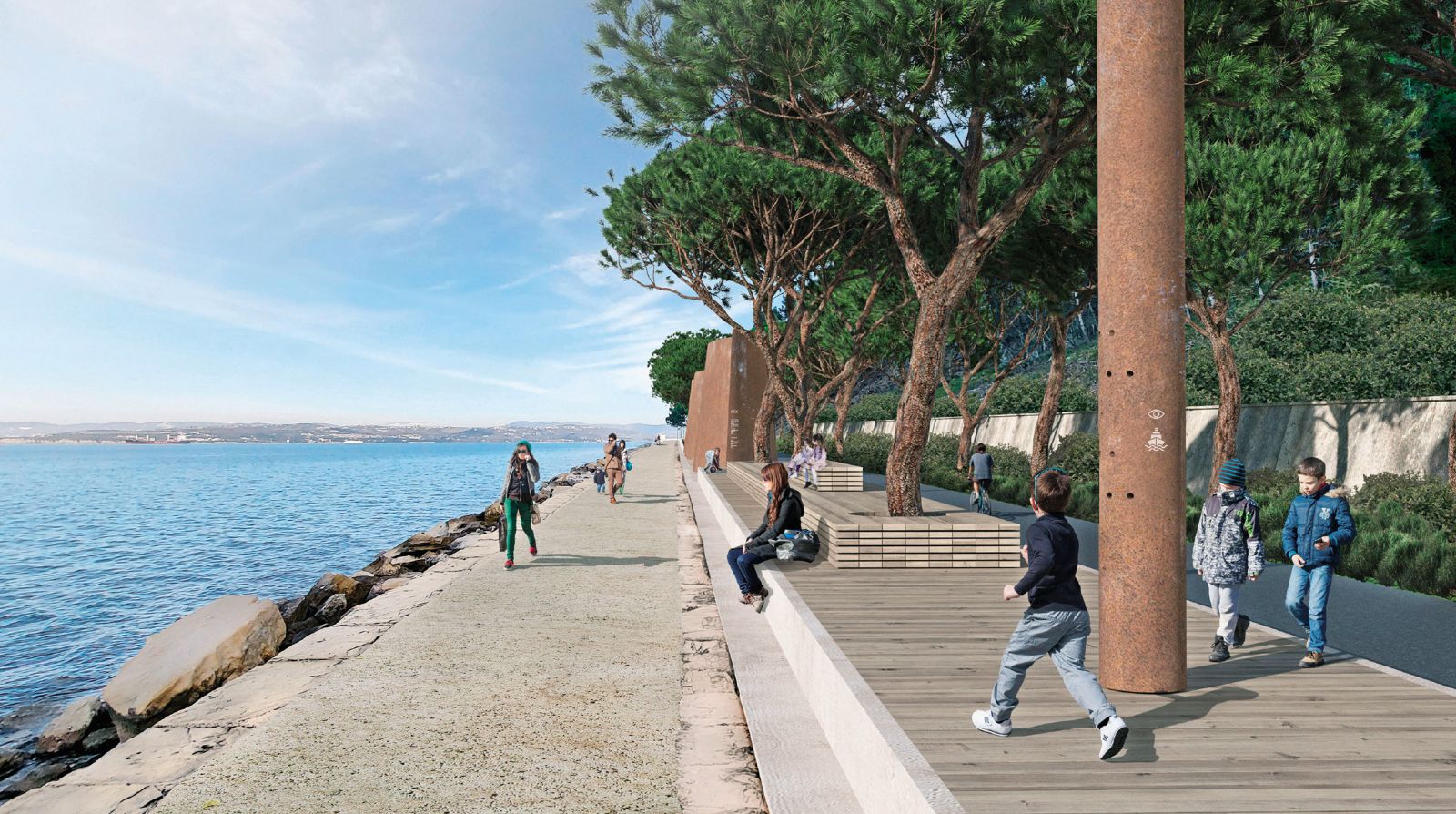 Načrtovana ureditev obalnega pasu med Izolo in Koprom s sprehajalno potjo ob morju, drevoredom in kolesarsko stezo.