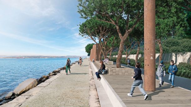 Načrtovana ureditev obalnega pasu med Izolo in Koprom s sprehajalno potjo ob morju, drevoredom in kolesarsko stezo. 