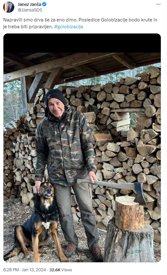 Predsednik SDS Janez Janša in neformalni vodja opozicije je nedavno na omrežju X objavil fotografijo, na kateri domnevno seka drva