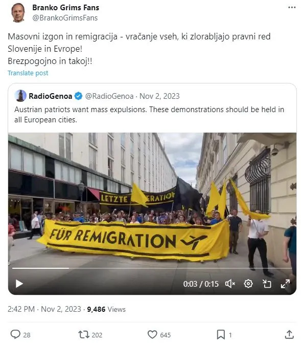 Poslanec Branko Grims se nenehno sklicuje na identitarce