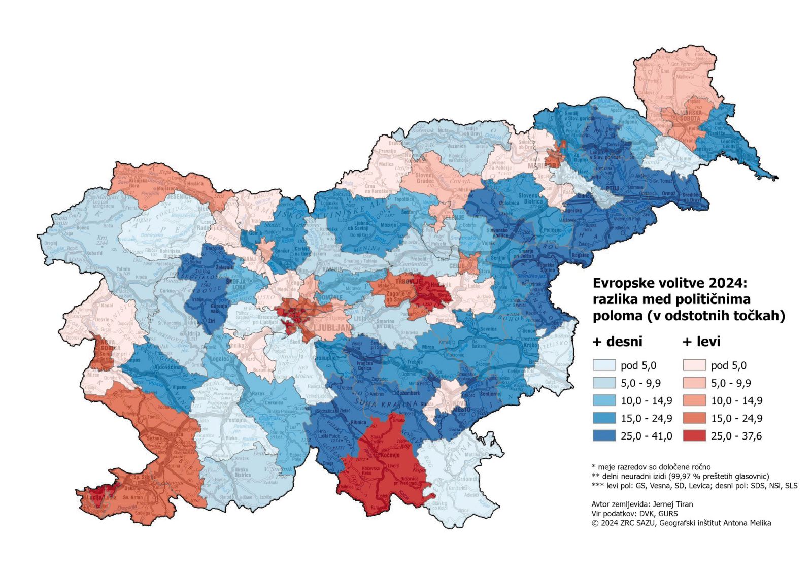 Razmerje med levimi in desnimi strankami. Ponovno se vidi, da je levica močnejša v mestih, desnica pa na podeželju. Izrazito odstopa Kočevje, kjer je kandidiral Vladimir Prebilič. Zemljevid je izdelal geograf Jernej Tiran.