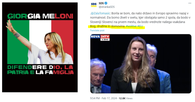 Slovenska kandidatka in njena italijanska vzornica: Bog, družina in domovina