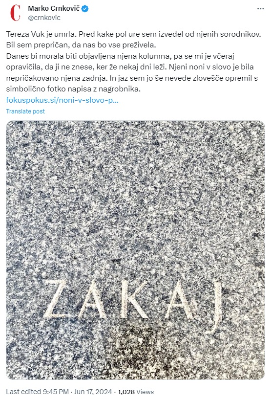 Objava dolgoletnega urednika Tereze Vuk Marka Crnkoviča na omrežju X
