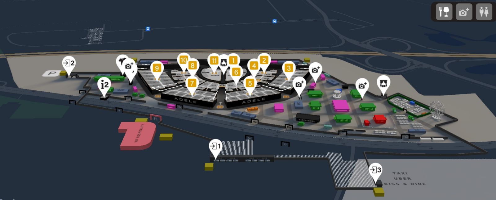 Zemljevid prizorišča Adele World v Münchnu pop-up stadion ter zabaviščni park z gostinsko ponudbo in trgovinami