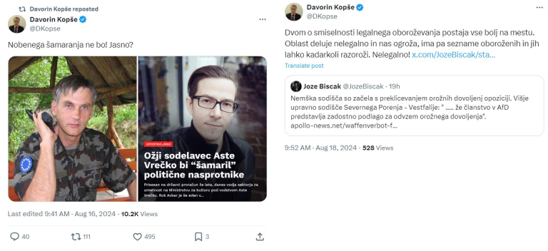 Davorin Kopše odkrito poziva k nelegalnemu oboroževanju in pozira s pištolo