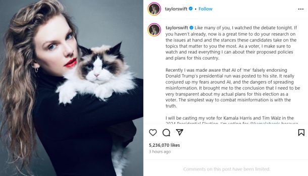 Objava Taylor Swift na družbenem omrežju Instagram