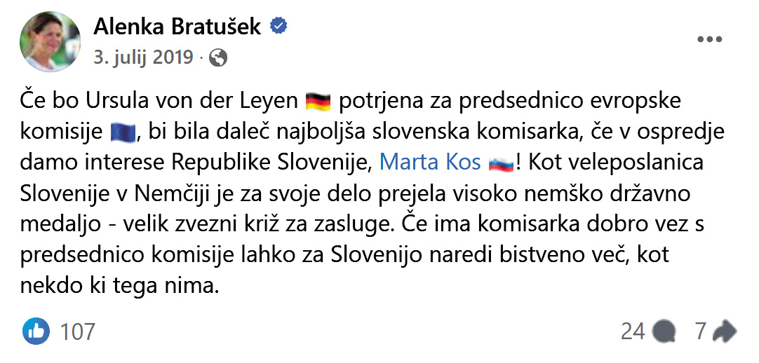 Ministrica Alenka Bratušek, nesojena slovenska komisarka leta 2014, je že leta 2019 špekulirala, da je morda prišel čas za Marto Kos