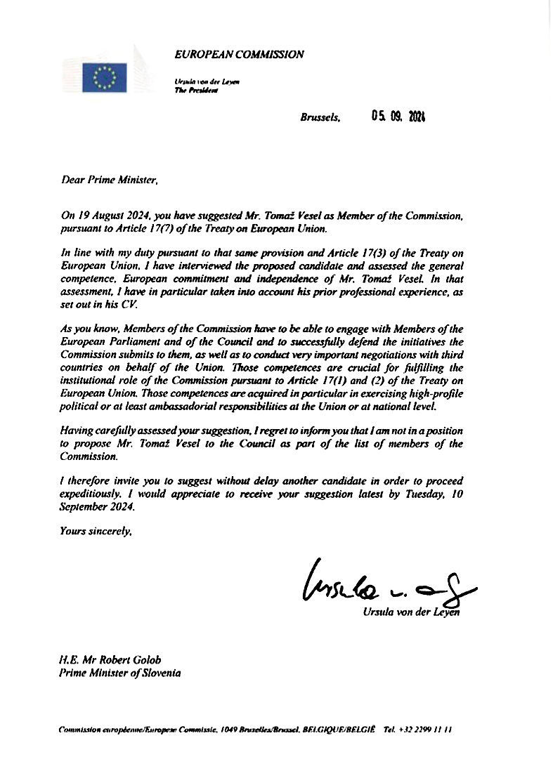 Predsednica evropske komisije Ursula von der Leyen Roberta Goloba v pismu obvešča, da po njenem mnenju Tomaž Vesel nima dovolj kompetenc za vodenje komisarskega resorja. Gre za običajno diplomatsko korespondenco, razkritje pisma pa je zahteval poslanec SDS Franc Breznik.