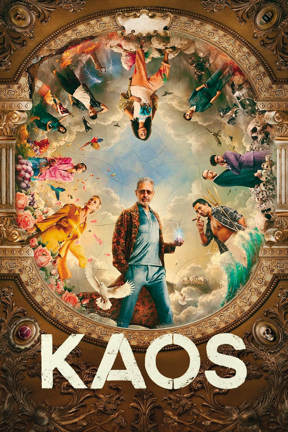 Televizijska serija Kaos se – na izjemno sodoben način – posveti predvsem starodavnim mitom, ki se nanašajo na Zevsa (kot paranoičnega sociopata ga odlično odigra Jeff Goldblum, na fotografiji spodaj), Hero, Pozejdona, Dioniza, Prometeja, Hada, Perzefono, Meduzo, Orfeja in Evridiko, Minosa in Ariadno, Erinije in Mojre.