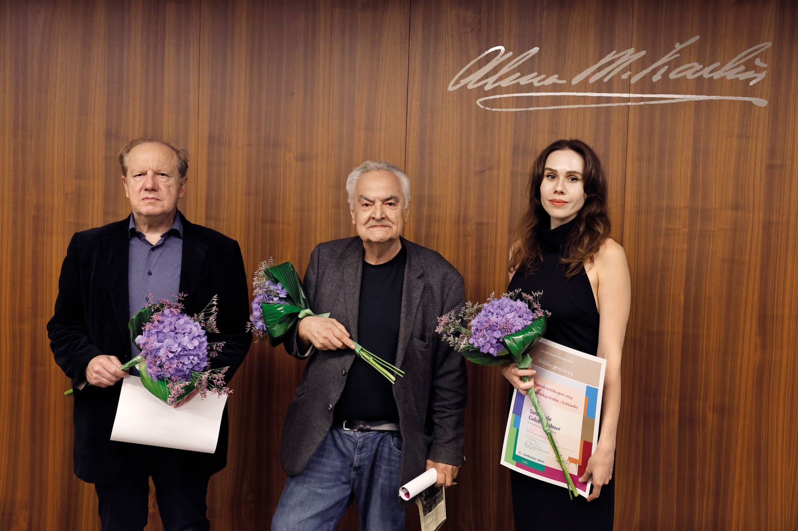 Tomislav Vignjević, Andrej Medved in Sara Nuša Golob Grabner, dobitniki nagrade kritiško pero 2024; Cankarjev dom, LJ | Borut Krajnc