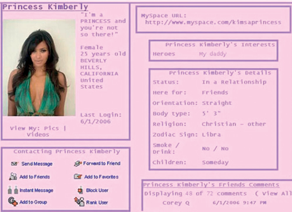 Platforma Myspace, pionirka med družbenoomrežnimi velikankami, je leta 2019 zaradi menjave strežnika pomotoma izbrisala vso vsebino, objavljeno med leti 2003 in 2015 - tudi profil Kim Kardashian (oziroma Princese Kimberly) iz leta 2006.