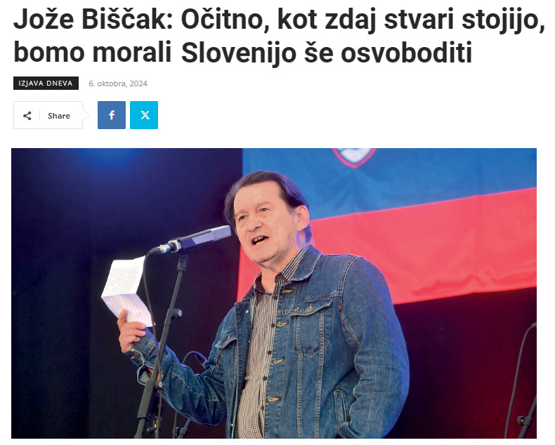 Jože Biščak med govorom na Srečanju podpornikov Nove24TV in Demokracije v Naklem / Foto: zajem zaslona demokracije