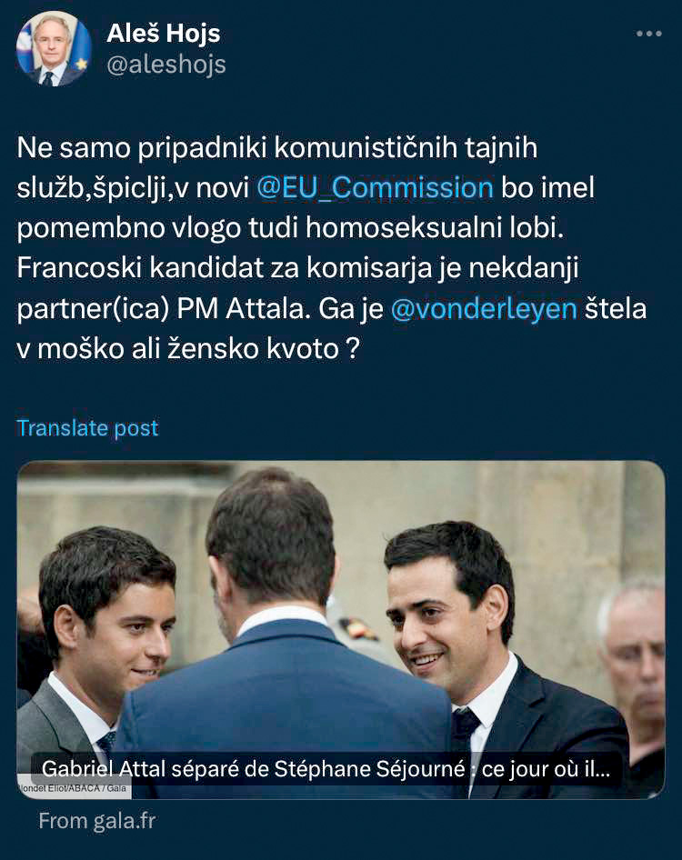 Homofobni izpad Aleša Hojsa na družabnem omrežju X