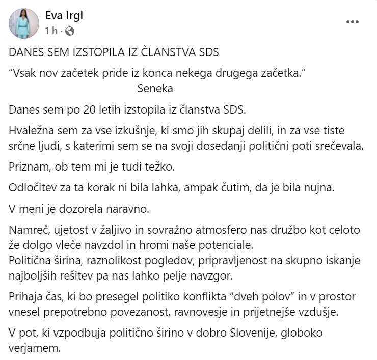 Zapis Eve Irgl na Facebooku