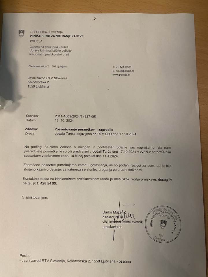 Dokument, ki ga je na omrežju Facebook javno objavila Erika Žnidaršič