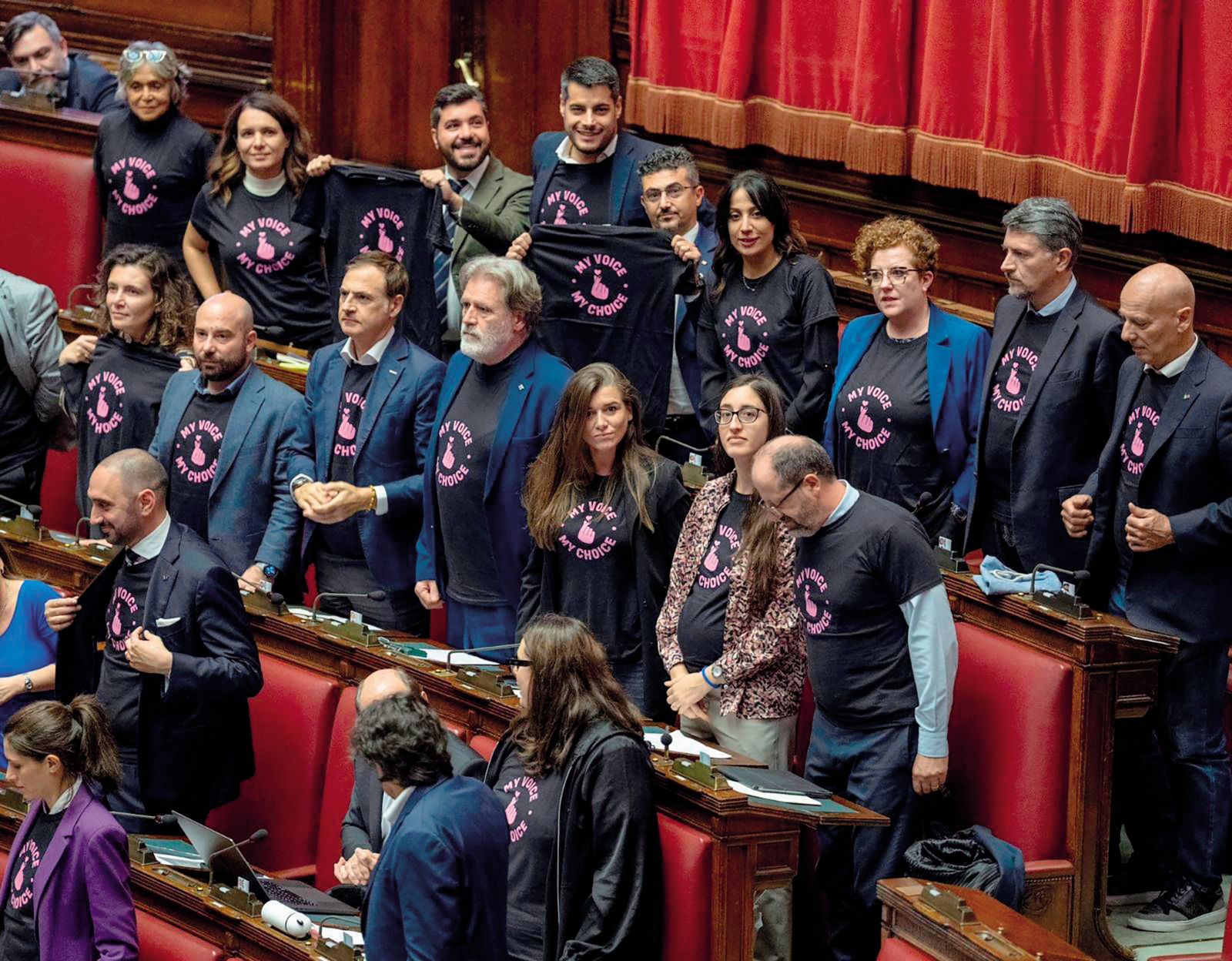 Poslanci Gibanja 5 zvezdic v italijanskem parlamentu v majicah iniciative Moj glas, moja odločitev | Inštitut 8. marec