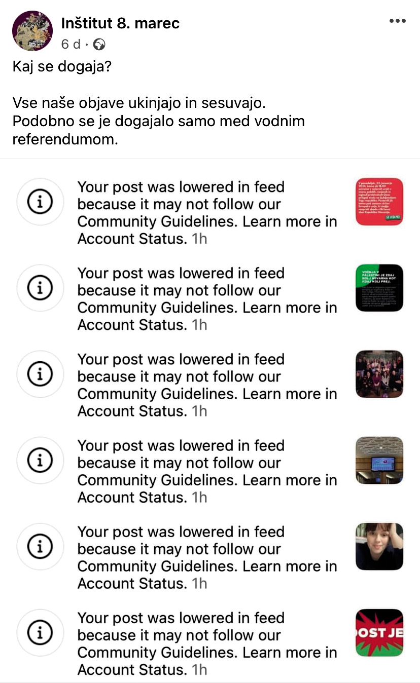 Inštitut 8. marec je pogosto tarča cenzuriranja na Facebooku. Te dni pogrom doživlja zaradi objav, naklonjenih Palestini, pred tem se je to najpogosteje dogajalo ob vodnem referendumu in kampanji za Anhovo.