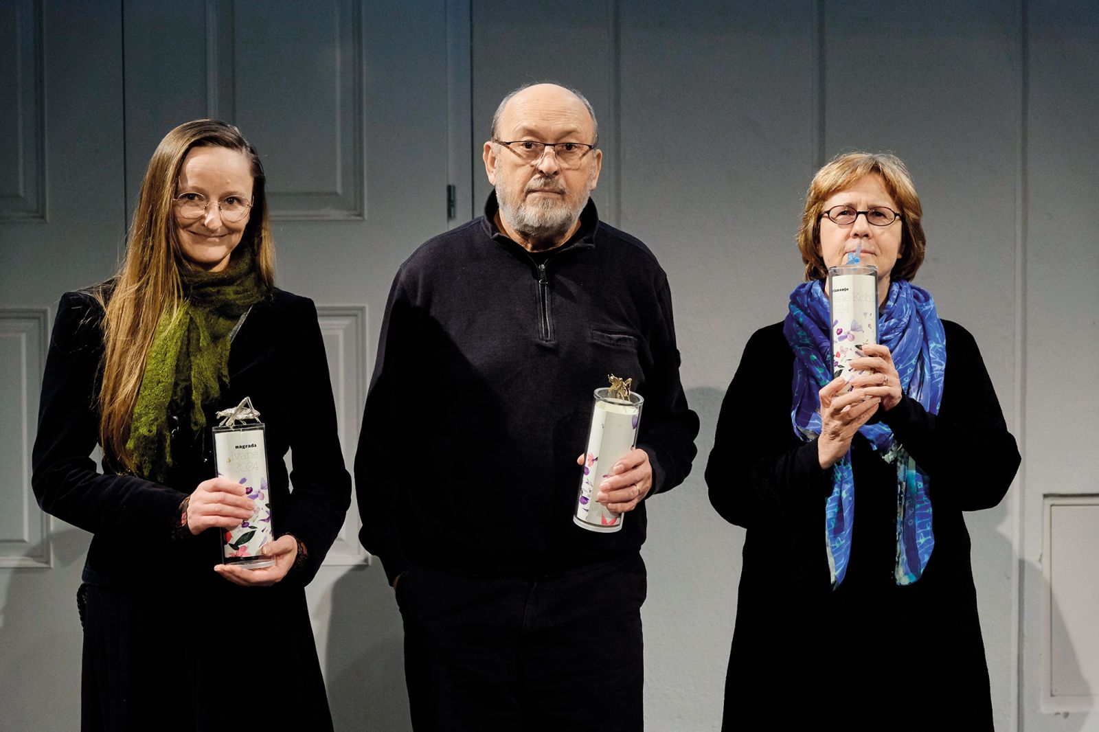 Anja Jerčič Jakob, Zdenko Huzjan in Vesna Teržan, dobitniki nagrad Ivane Kobilca, DLUL, Atrij ZRC SAZU, LJ | Janez Zalaznik