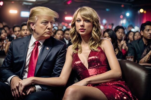 Režirana fotografija Donalda Trumpa in Taylor Swift s pomočjo umetne inteligence. Takšnih ponaredkov je na svetovnem spletu polno