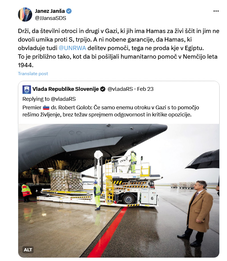 Vlada Roberta Goloba je v Gazo poslala humanitarno pomoč, Janša pa je govoril o pomoči nacistom.