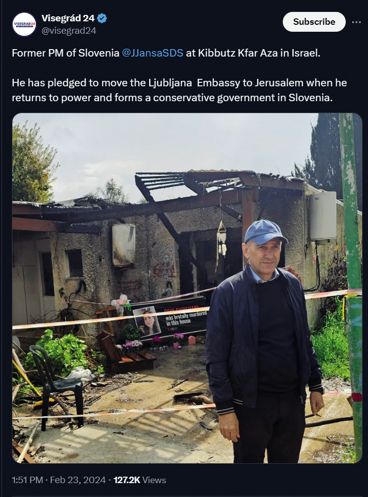Prejšnji teden je Janša kot predsednik stranke SDS obiskal Izrael in napovedal, da bo Slovenija, ko bo on znova na oblasti, veleposlaništvo premaknila v Jeruzalem. Tega si, razen Trumpa, Gvatemale, Hondurasa, Papue Nove Gvineje in Kosova, ni drznil še nihče.