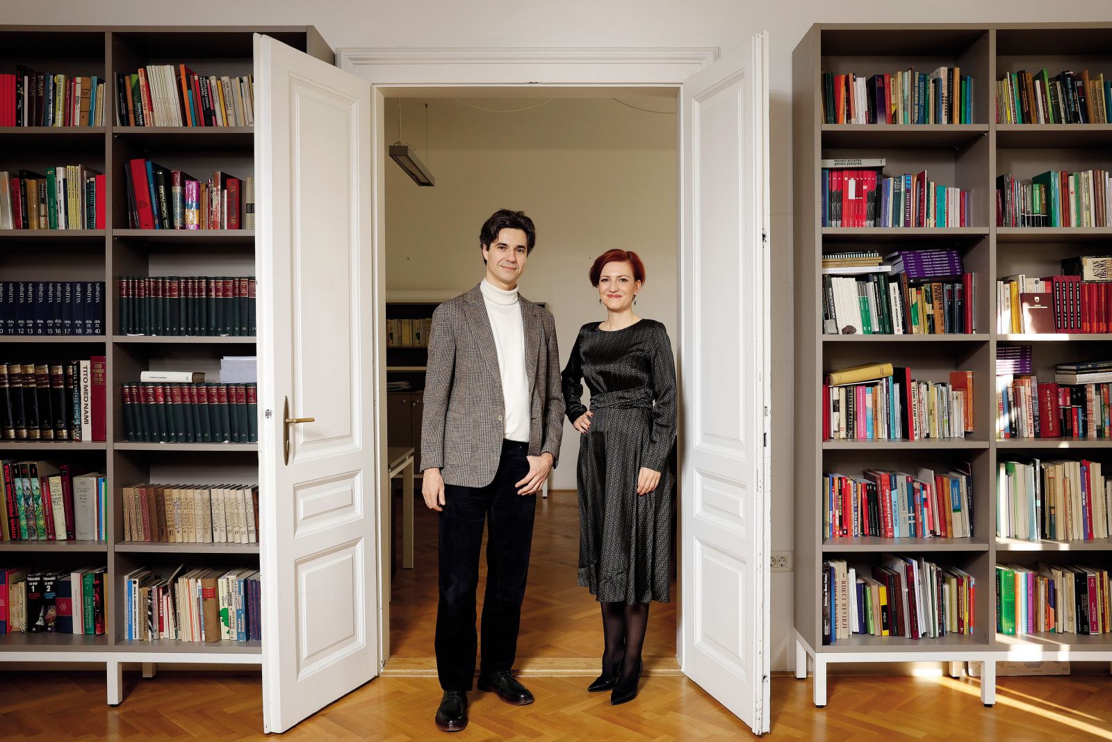 Asta Vrečko in Luka Mesec, vodja in dolgoletni vodja Levice, kulturna ministrica in minister za delo v vladi Roberta Goloba, v prostorih stranke Levica /