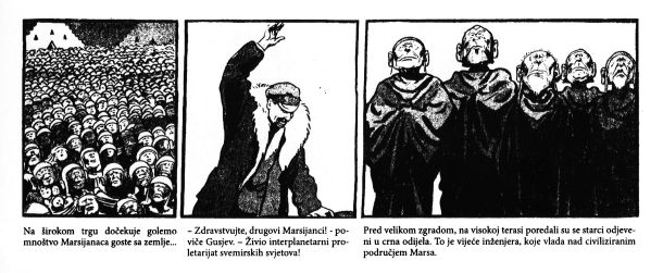 Referenca na oktobrsko revolucijo v stripu Marsovska ljubimka (Ljubavnica s Marsa, Krešimir Kovačić in Andrija Maurović, 1935): Zemljan Gusev, narisan v značilni Leninovi govorniški drži, nagovarja množico Marsovcev.