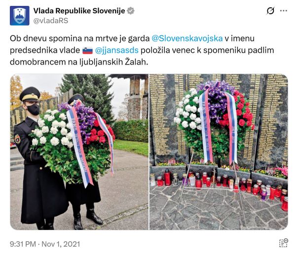 Janez Janša je leta 2021 slovenski gardi ukazal, naj položi venec k domobranskemu spomeniku, v spomin, kot bi dejal sam, »Slovenski narodni vojski«. Podobnega venca partizanska stran ni dobila.