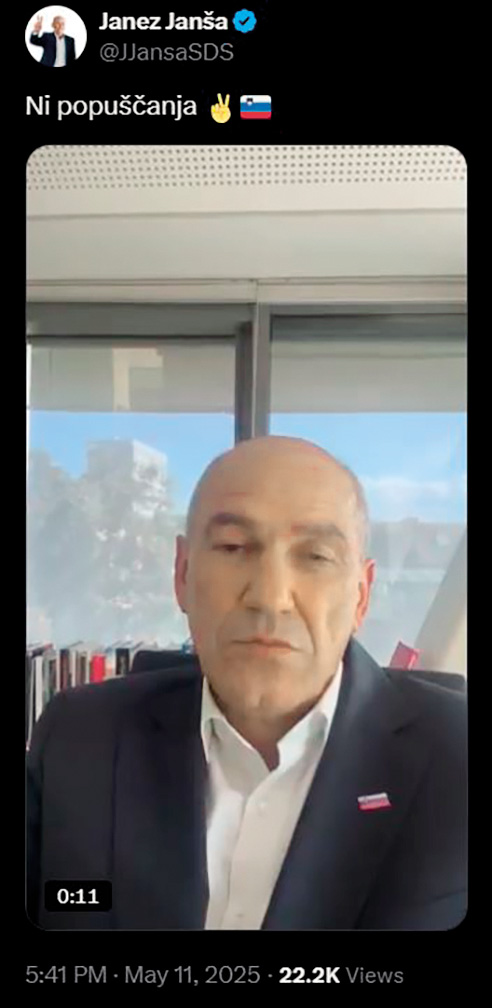 Na dan referenduma, 11. maja, ob 17.41 je Janez Janša na omrežju X pozval k odhodu na volitve. To je bil še čas volilnega molka in Janša je s tem pozivom kršil zakonodajo. A za nekaj 100 evrov, za globo, ki jo bo moral plačati, mu je verjetno vseeno.