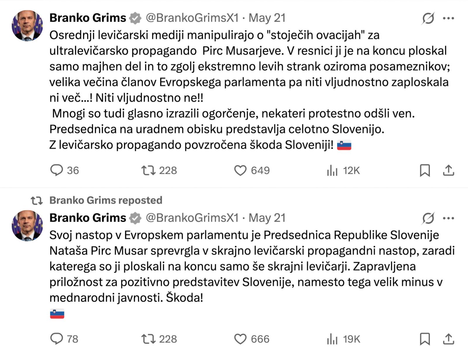 Evropski poslanec Branko Grims je predsedničin govor označil za »skrajno levičarski propagandni nastop«. Samo omenila je besedo »genocid«.