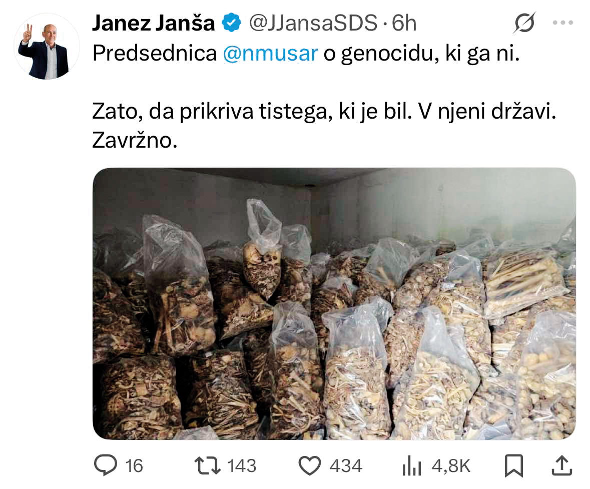 Prvak opozicije in prijatelj izraelskega premiera Janez Janša je genocid v Gazi zanikal – in opozoril na tistega, ki naj bi se zgodil v Sloveniji.