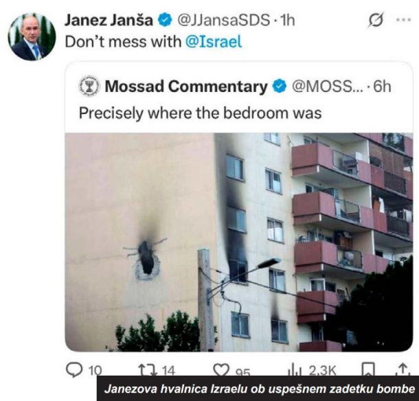 Janševa hvalnica Izraelu ob uspešnem začetku bombe