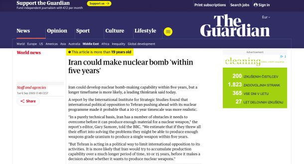 Guardian (2005): Iran bi lahko izdelal jedrsko bombo »v petih letih«