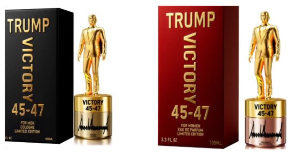 Steklenički parfuma za ženske (Zmaga 47) in kolonjske vode za moške (Zmaga 45) v obliki zlate moške postave z blagovno znamko Trump sta naprodaj po 250 dolarjev