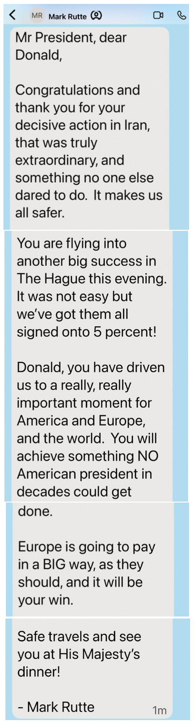 Prilizovalni zapis Marka Rutteja, ki ga je Donald Trump objavil na svojem omrežju.