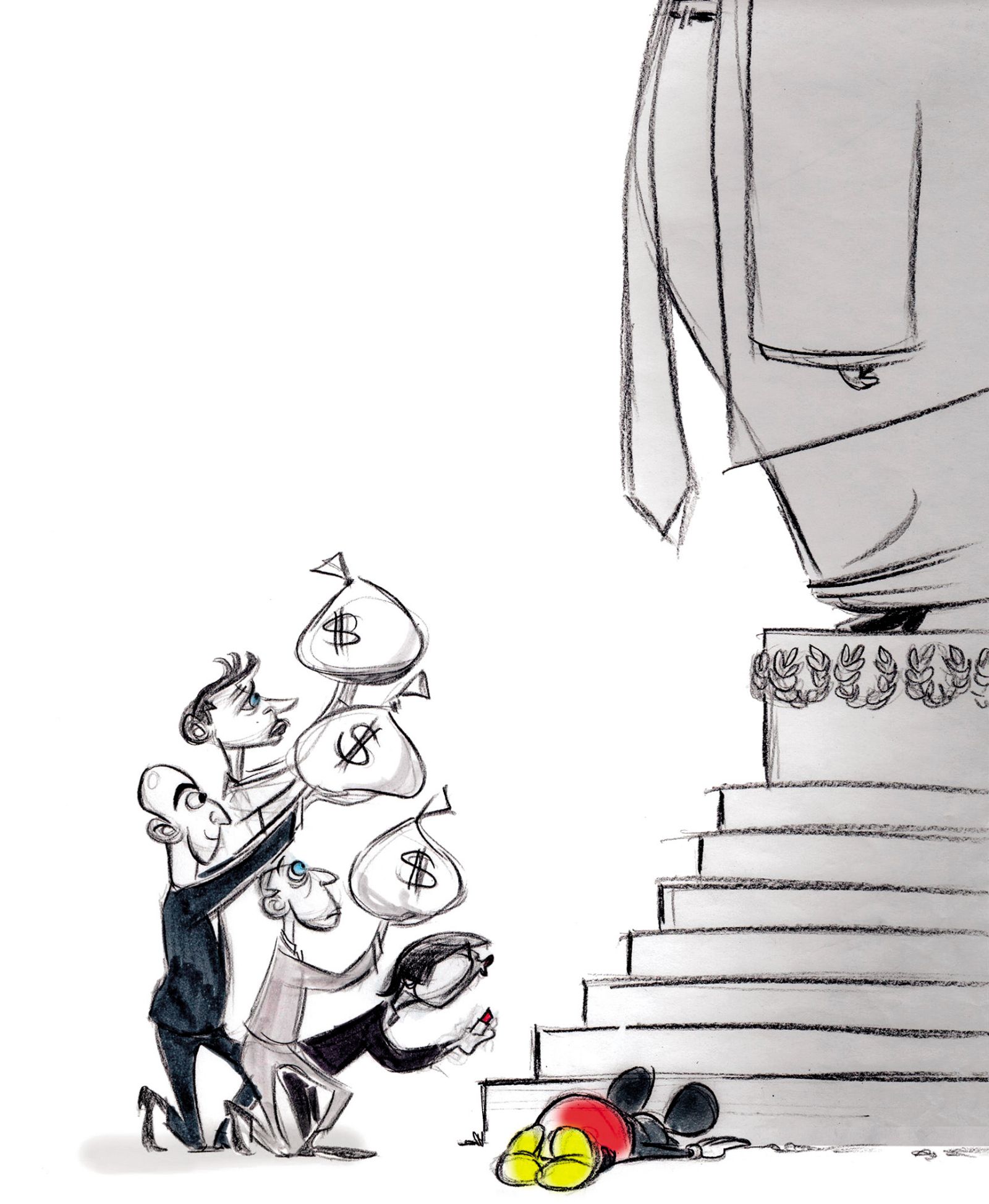 Karikatura Ann Telnaes, na kateri je upodobila Jeffa Bezosa (Amazon) skupaj z drugimi medijskimi in tehnološkimi mogotci – Markom Zuckerbergom (Meta), Samom Altmanom (OpenAI) in Patrickom SoonShiongom (Los Angeles Times) – ter Miki Miško, maskoto koncerna Disney, kako klečijo pred novoizvoljenim ameriškim predsednikom Donaldom Trumpom. Njeno karikaturo je njen dolgoletni delodajalec, časopis Washigton Post, ki je v lasti lastnika Amazona, magnata Jeffa Bezosa, zavrnil.