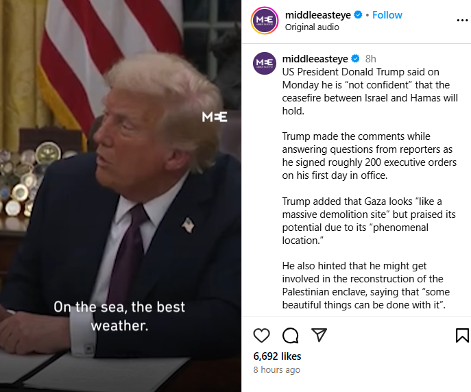 Middle East Eye na instagramu o Trumpovem pogledu na Gazo: fenomenalna lokacija in super vreme