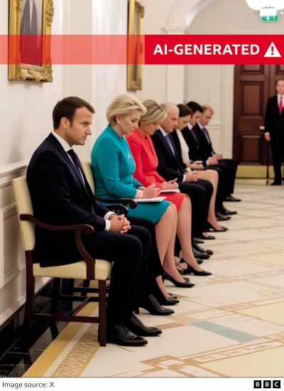 Umetno ustvarjena fotografija naj bi prikazovala ponižne evropske voditelje, ki čakajo na sprejem pri Donaldu Trumpu.