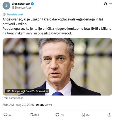 Zapis Aleša Štrancarja na omrežju X